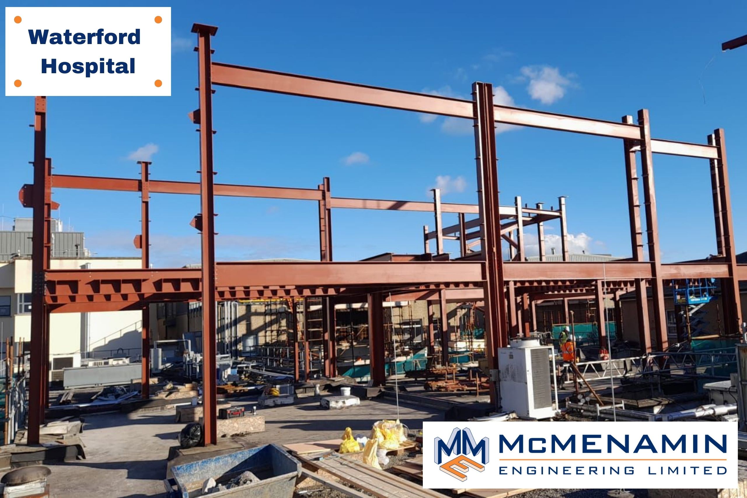 Photo shows the structural steel erected at Waterford University Hospital